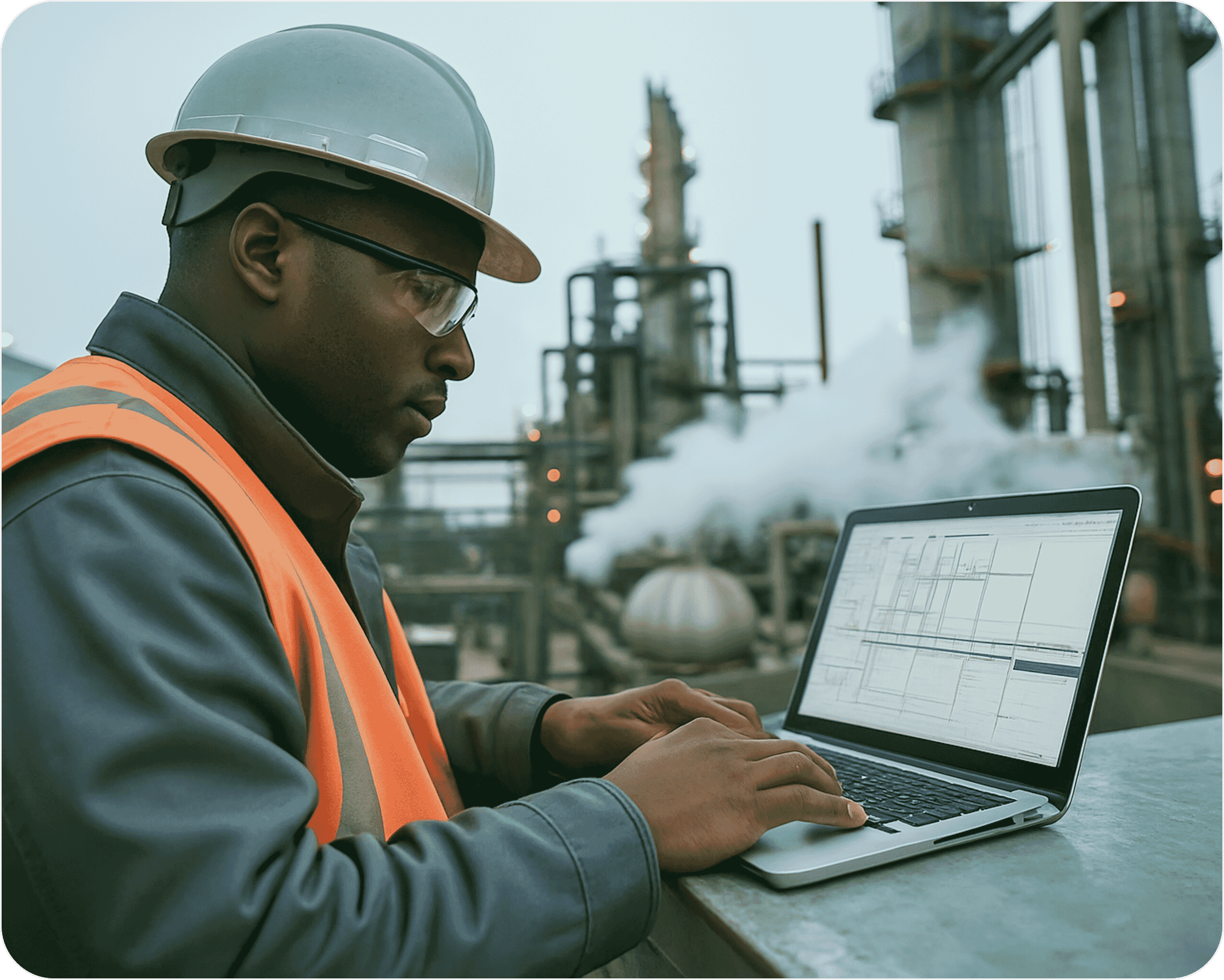 An oil rig worker with a laptop